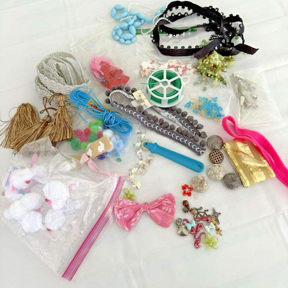 Mixed Lot Of Assorted Craft Sew Supplies Some Beads, Poms, Trims, Embellishments